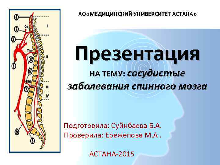 АО «МЕДИЦИНСКИЙ УНИВЕРСИТЕТ АСТАНА» Презентация НА ТЕМУ: сосудистые заболевания спинного мозга Подготовила: Суйнбаева Б.