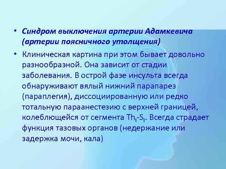 Артерия адамкевича. Синдром выключения артерии Адамкевича. Синдом артерии Адамкевича. Артерия Адамкевича инсульт. Синдром артерии поясничного утолщения.