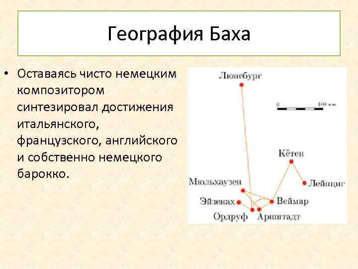 География Баха • Оставаясь чисто немецким композитором синтезировал достижения итальянского, французского, английского и собственно