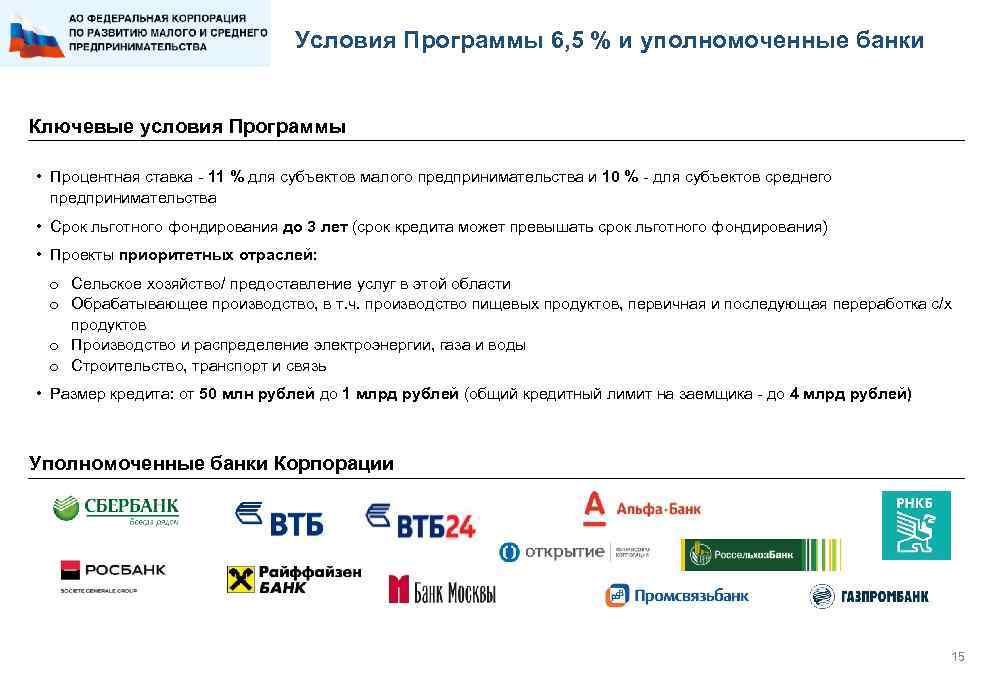 Условия Программы 6, 5 % и уполномоченные банки Ключевые условия Программы • Процентная ставка