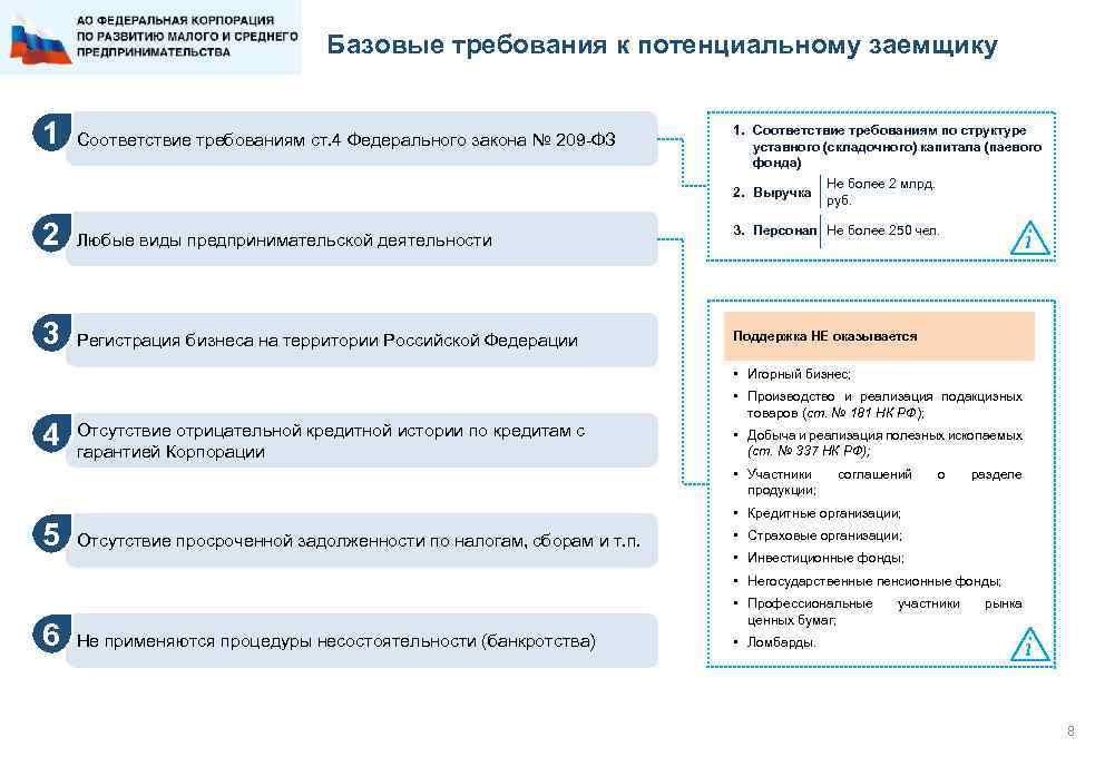 Базовые требования к потенциальному заемщику 1 Соответствие требованиям ст. 4 Федерального закона № 209