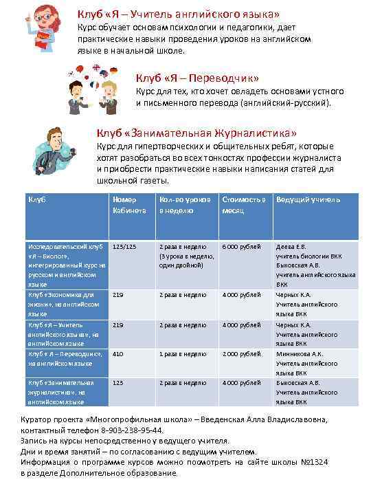 Клуб «Я – Учитель английского языка» Курс обучает основам психологии и педагогики, дает практические