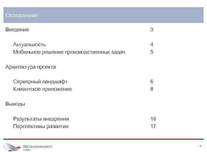 Оглавление Введение Актуальность Мобильное решение производственных задач 3 4 5 Архитектура проекта Серверный ландшафт