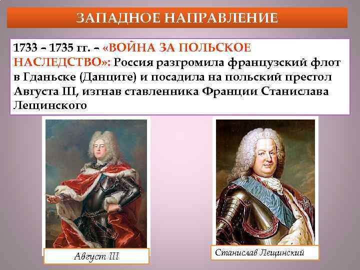 ЗАПАДНОЕ НАПРАВЛЕНИЕ 1733 – 1735 гг. – «ВОЙНА ЗА ПОЛЬСКОЕ НАСЛЕДСТВО» : Россия разгромила