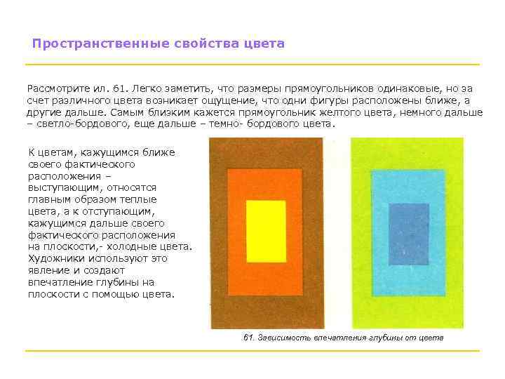 Пространственные свойства цвета Рассмотрите ил. 61. Легко заметить, что размеры прямоугольников одинаковые, но за