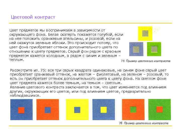 Цветовой контраст Цвет предметов мы воспринимаем в зависимости от окружающего фона. Белая скатерть покажется