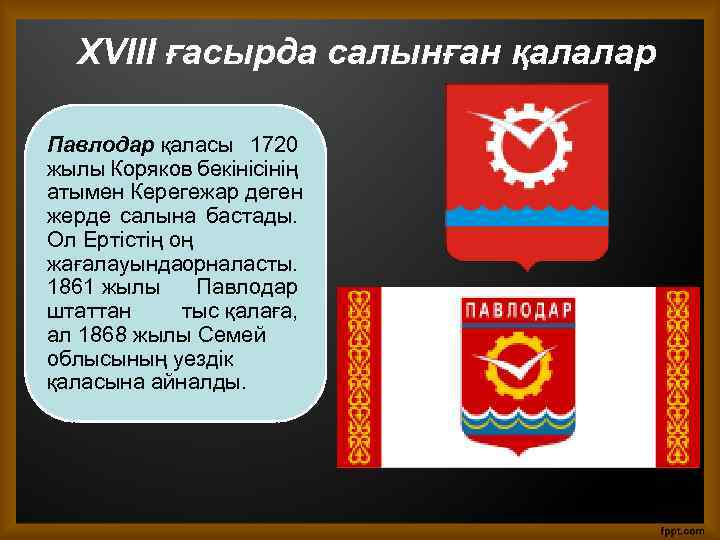 XVIII ғасырда салынған қалалар Павлодар қаласы 1720 жылы Коряков бекінісінің атымен Керегежар деген жерде