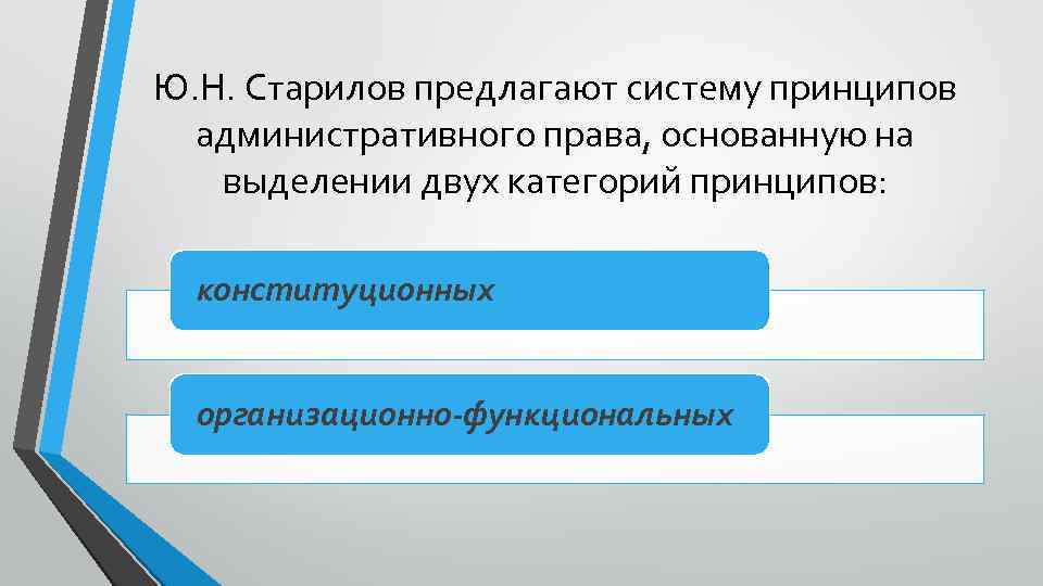 Ю. Н. Старилов предлагают систему принципов административного права, основанную на выделении двух категорий принципов: