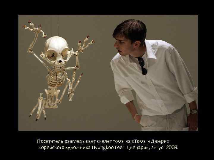 Посетитель разглядывает скелет тома из «Тома и Джери» корейского художника Hyungkoo Lee. Щвецария, август
