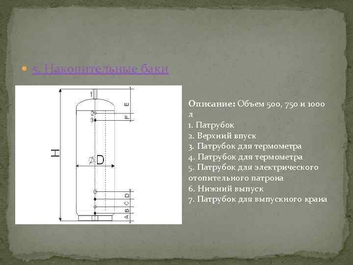  5. Накопительные баки Описание: Объем 500, 750 и 1000 л 1. Патрубок 2.