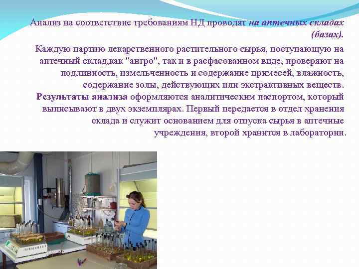 Анализ на соответствие требованиям НД проводят на аптечных складах (базах). Каждую партию лекарственного растительного