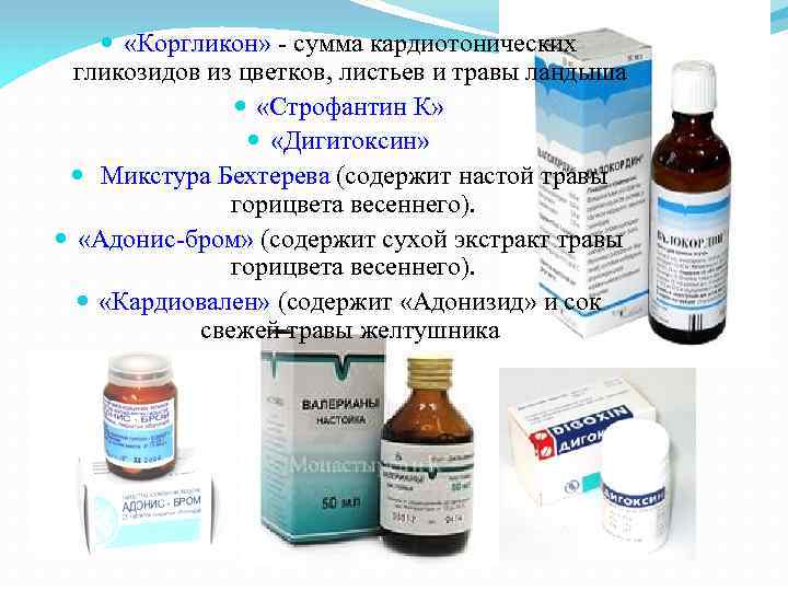  «Коргликон» сумма кардиотонических гликозидов из цветков, листьев и травы ландыша «Строфантин К» «Дигитоксин»