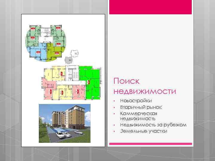 Поиск недвижимости • • • Новостройки Вторичный рынок Коммерческая недвижимость Недвижимость за рубежом Земельные