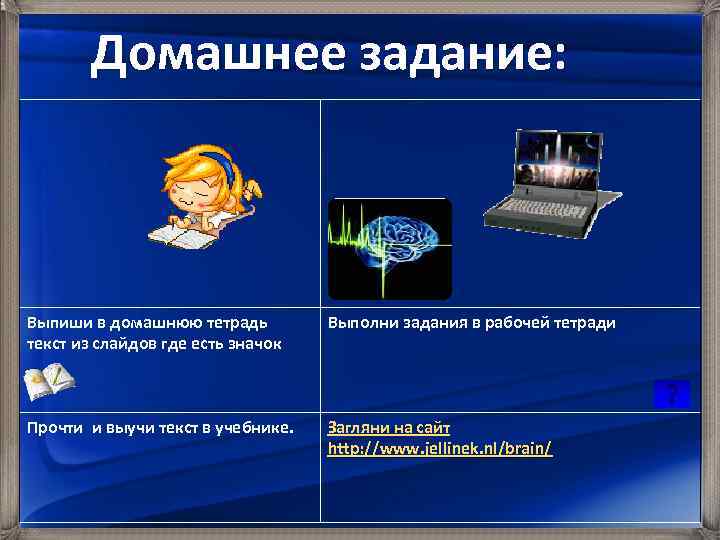 Домашнее задание: Выпиши в домашнюю тетрадь текст из слайдов где есть значок Выполни задания