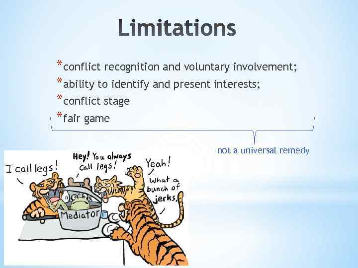 *conflict recognition and voluntary involvement; *ability to identify and present interests; *conflict stage *fair
