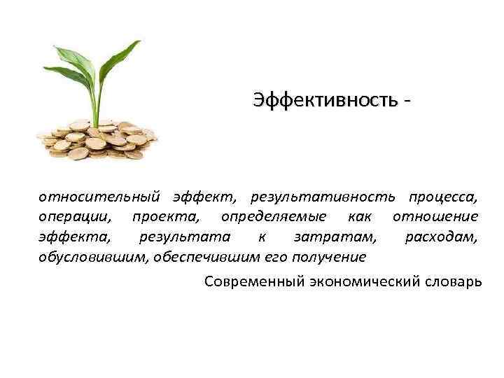 Эффективность - относительный эффект, результативность процесса, операции, проекта, определяемые как отношение эффекта, результата к