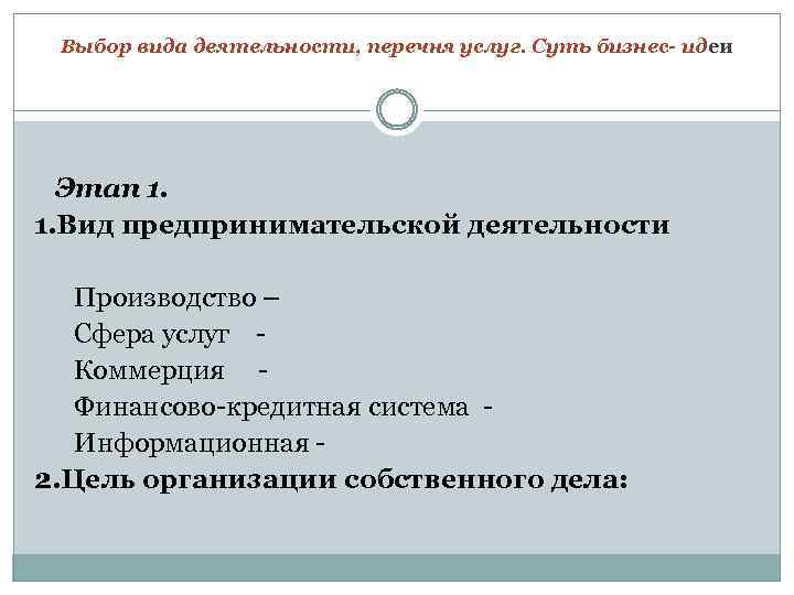 Выбор вида деятельности, перечня услуг. Суть бизнес- идеи Этап 1. 1. Вид предпринимательской деятельности