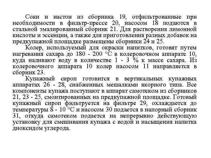 Соки и настои из сборника 19, отфильтрованные при необходимости в фильтр-прессе 20, насосом 18