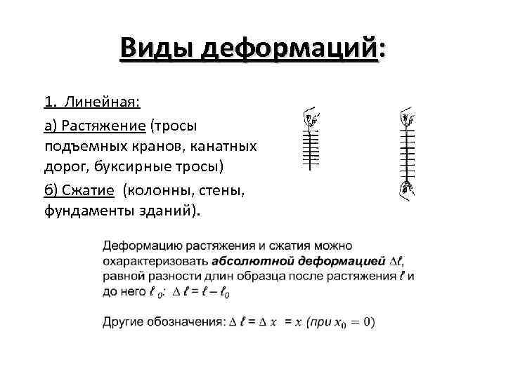 Виды деформаций: 1. Линейная: а) Растяжение (тросы подъемных кранов, канатных дорог, буксирные тросы) б)