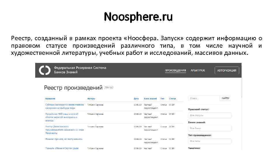 Noosphere. ru Реестр, созданный в рамках проекта «Ноосфера. Запуск» содержит информацию о правовом статусе