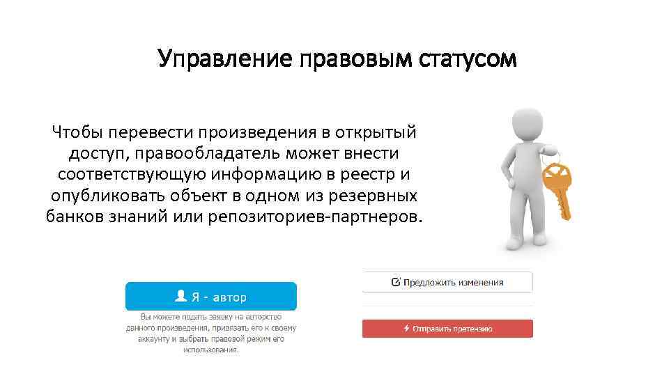 Управление правовым статусом Чтобы перевести произведения в открытый доступ, правообладатель может внести соответствующую информацию