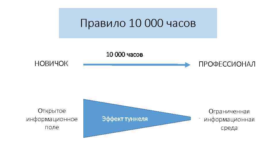 Правило 10 000 часов НОВИЧОК Открытое информационное поле ПРОФЕССИОНАЛ Эффект туннеля Ограниченная информационная среда