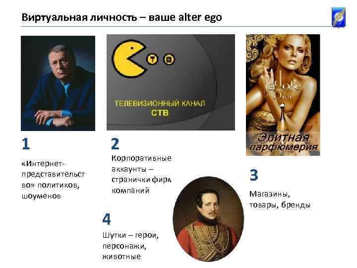 Виртуальная личность – ваше alter ego 1 2 Корпоративные аккаунты – странички фирм, компаний