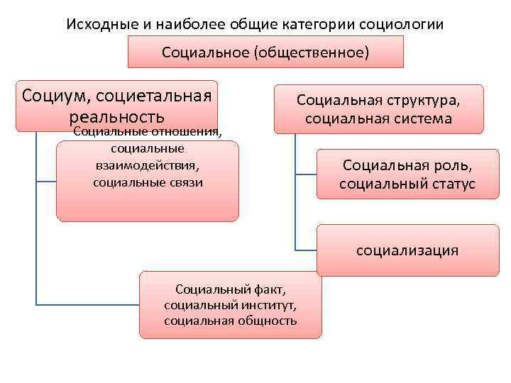 Исходные и наиболее общие категории социологии Социальное (общественное) Социум, социетальная реальность Социальные отношения, социальные