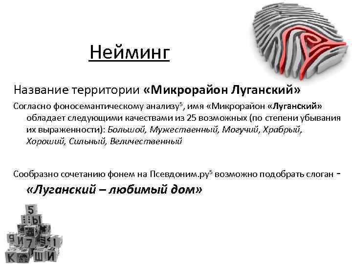 Нейминг Название территории «Микрорайон Луганский» Согласно фоносемантическому анализу5, имя «Микрорайон «Луганский» обладает следующими качествами