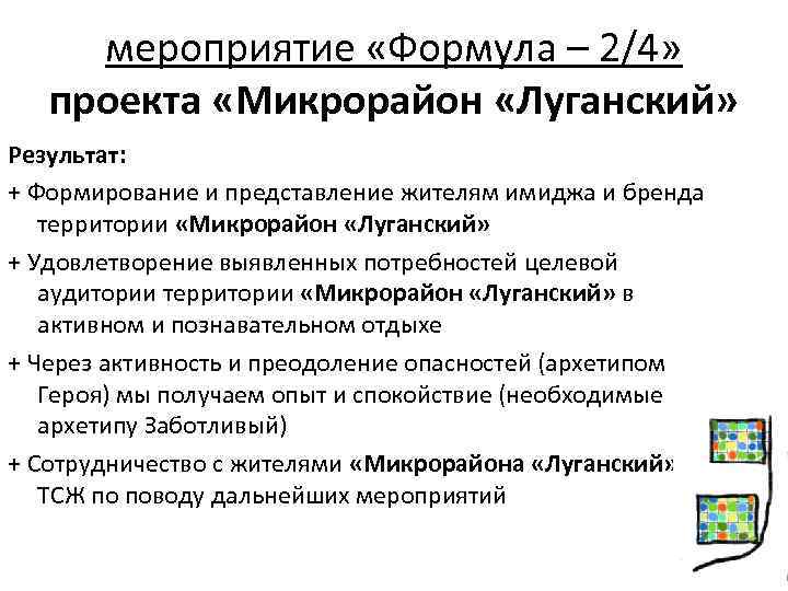 мероприятие «Формула – 2/4» проекта «Микрорайон «Луганский» Результат: + Формирование и представление жителям имиджа