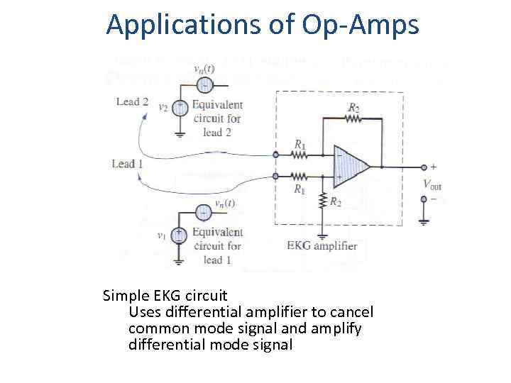 Applications of Op-Amps Simple EKG circuit Uses differential amplifier to cancel common mode signal