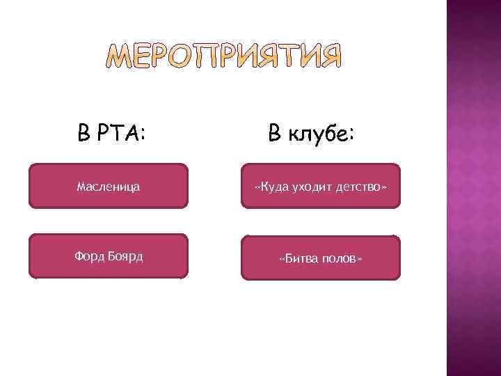 В РТА: В клубе: Масленица «Куда уходит детство» Форд Боярд «Битва полов» 