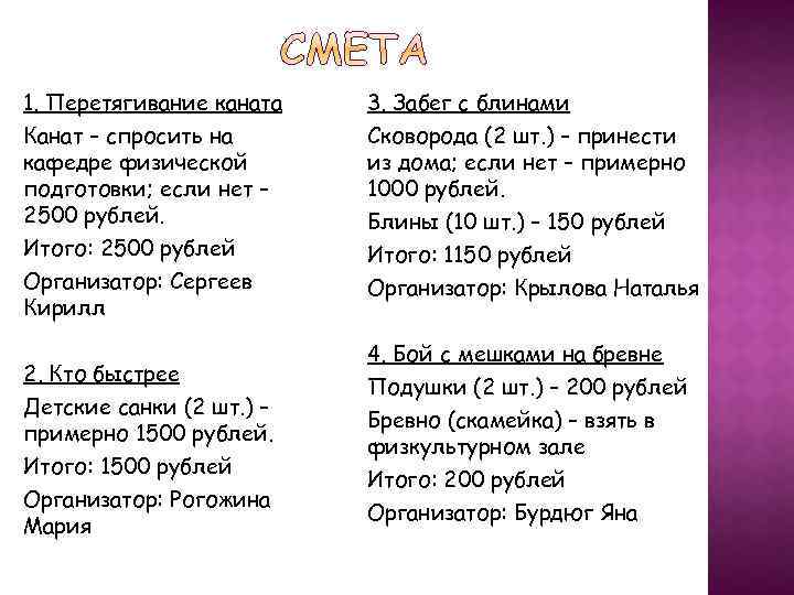 1. Перетягивание каната Канат – спросить на кафедре физической подготовки; если нет – 2500