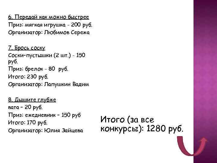 6. Передай как можно быстрее Приз: мягкая игрушка - 200 руб. Организатор: Любимов Сережа