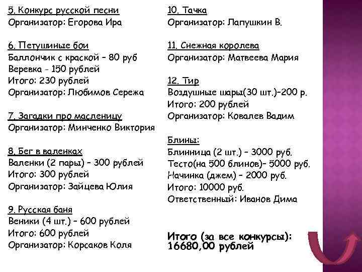 5. Конкурс русской песни Организатор: Егорова Ира 10. Тачка Организатор: Лапушкин В. 6. Петушиные
