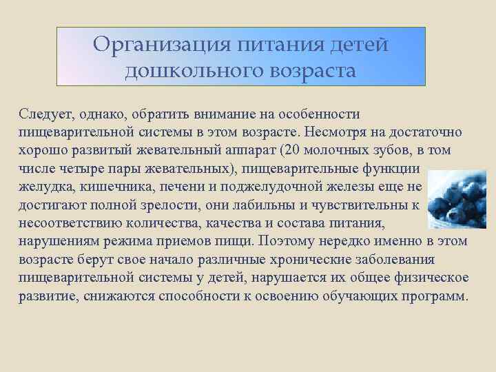 Организация питания детей дошкольного возраста Следует, однако, обратить внимание на особенности пищеварительной системы в