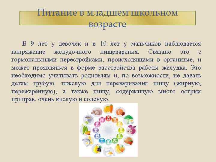 Питание в младшем школьном возрасте В 9 лет у девочек и в 10 лет