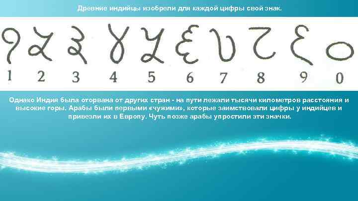 Древние индийцы изобрели для каждой цифры свой знак. Однако Индия была оторвана от других