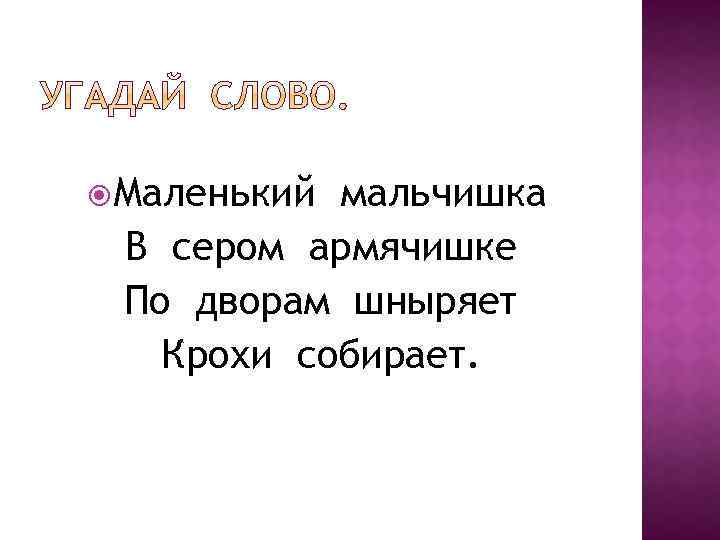  Маленький мальчишка В сером армячишке По дворам шныряет Крохи собирает. 