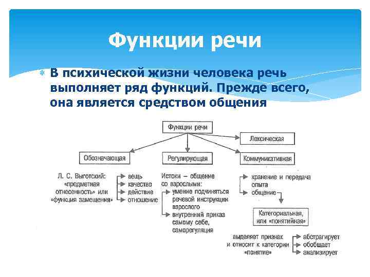 Функции речи В психической жизни человека речь выполняет ряд функций. Прежде всего, она является