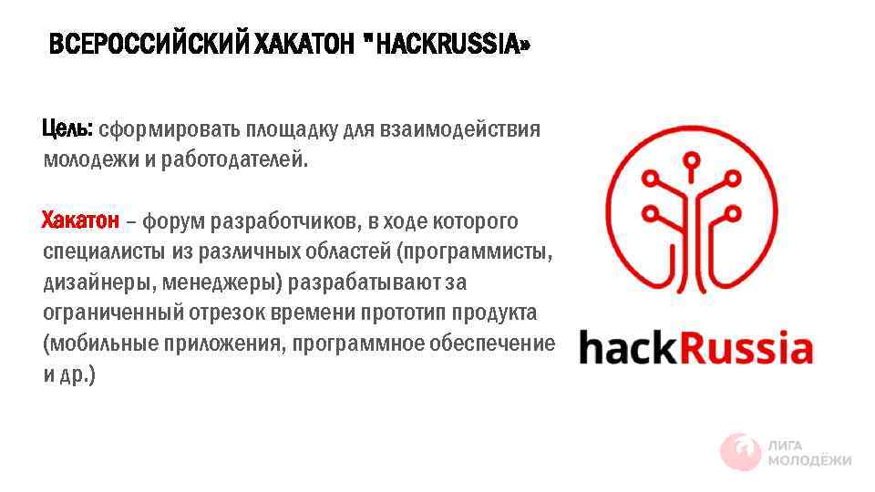 ВСЕРОССИЙСКИЙ ХАКАТОН "HACKRUSSIA» Цель: сформировать площадку для взаимодействия молодежи и работодателей. Хакатон – форум