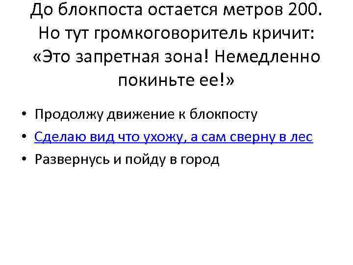 До блокпостается метров 200. Но тут громкоговоритель кричит: «Это запретная зона! Немедленно покиньте ее!»