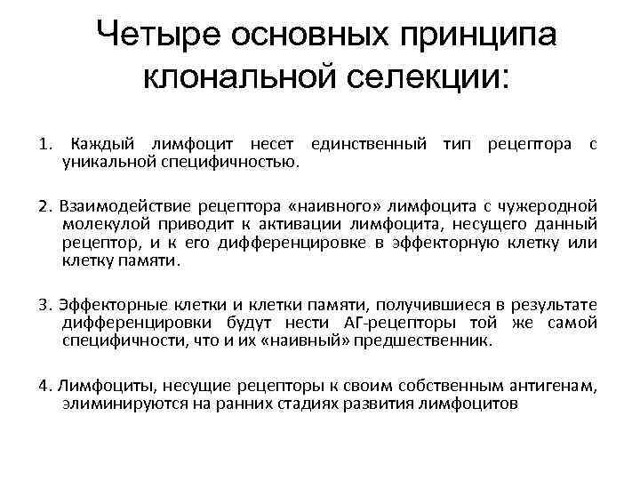 Четыре основных принципа клональной селекции: 1. Каждый лимфоцит несет единственный тип рецептора с уникальной
