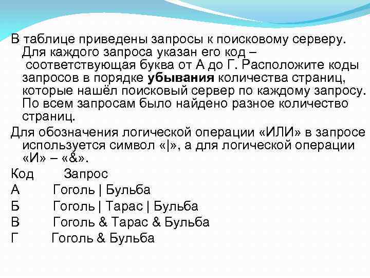 В таблице приведены запросы к поисковому серверу. Для каждого запроса указан его код –
