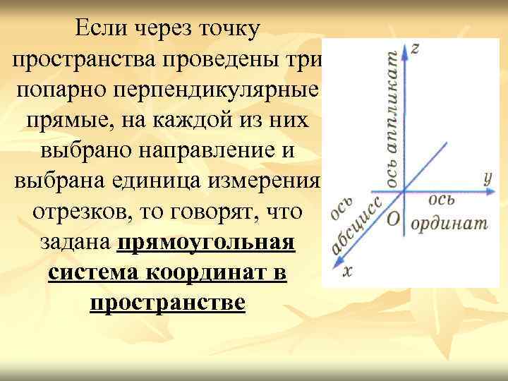 Если через точку пространства проведены три попарно перпендикулярные прямые, на каждой из них выбрано