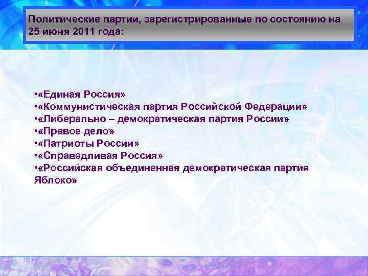 Политические партии, зарегистрированные по состоянию на 25 июня 2011 года: • «Единая Россия» •