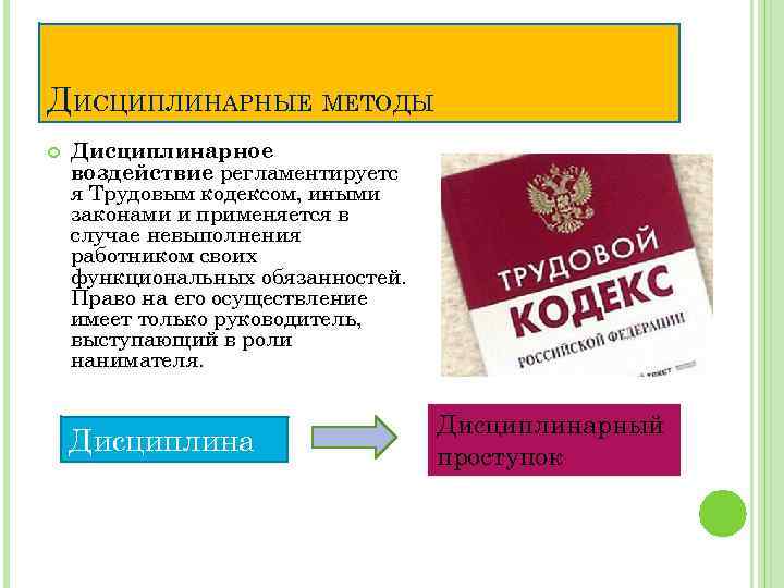 ДИСЦИПЛИНАРНЫЕ МЕТОДЫ Дисциплинарное воздействие регламентируетс я Трудовым кодексом, иными законами и применяется в случае