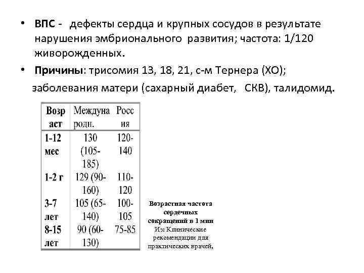  • ВПС дефекты сердца и крупных сосудов в результате нарушения эмбрионального развития; частота: