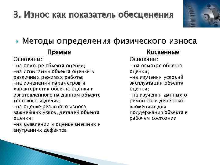 3. Износ как показатель обесценения Методы определения физического износа Основаны: Прямые -на осмотре объекта