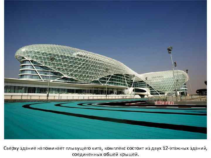 Сверху здание напоминает плывущего кита, комплекс состоит из двух 12 -этажных зданий, соединенных обшей